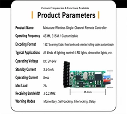 Controlador de luz LED com interruptor de controlo remoto RF sem fios e mini relé DC de 433 MHz