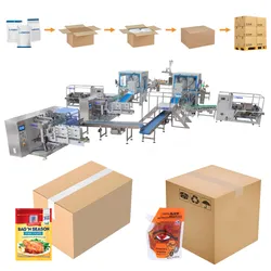 Hệ thống đóng gói tự động hoàn toàn (Máy Doypack + Robot đóng gói carton song song + Hệ thống xếp pallet)