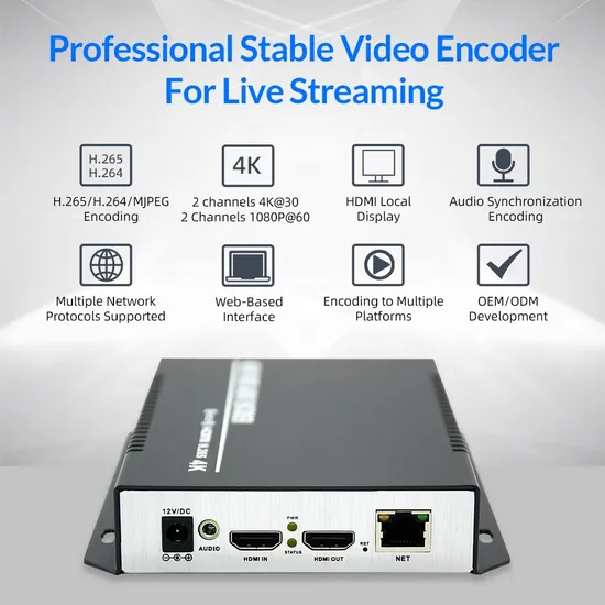 ตัวเข้ารหัสวิดีโอ IP HD แบบกำหนดเอง 4K IPTV H265/H264 Rtsp Srt Rtmp HDMI pictures & photos