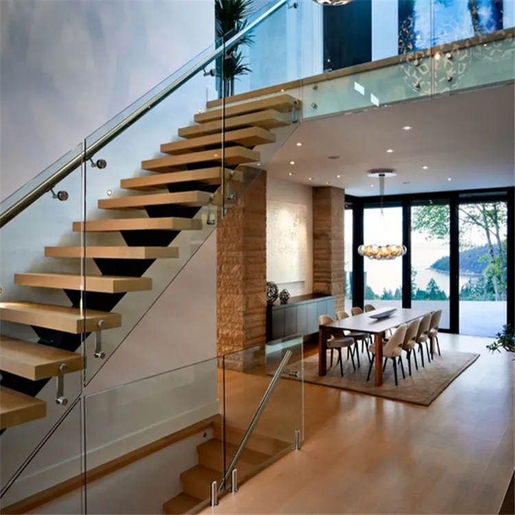 Aangepaste moderne fancy ontwerp glazen leuning houten mono stringer zwevende open treden trap pictures & photos