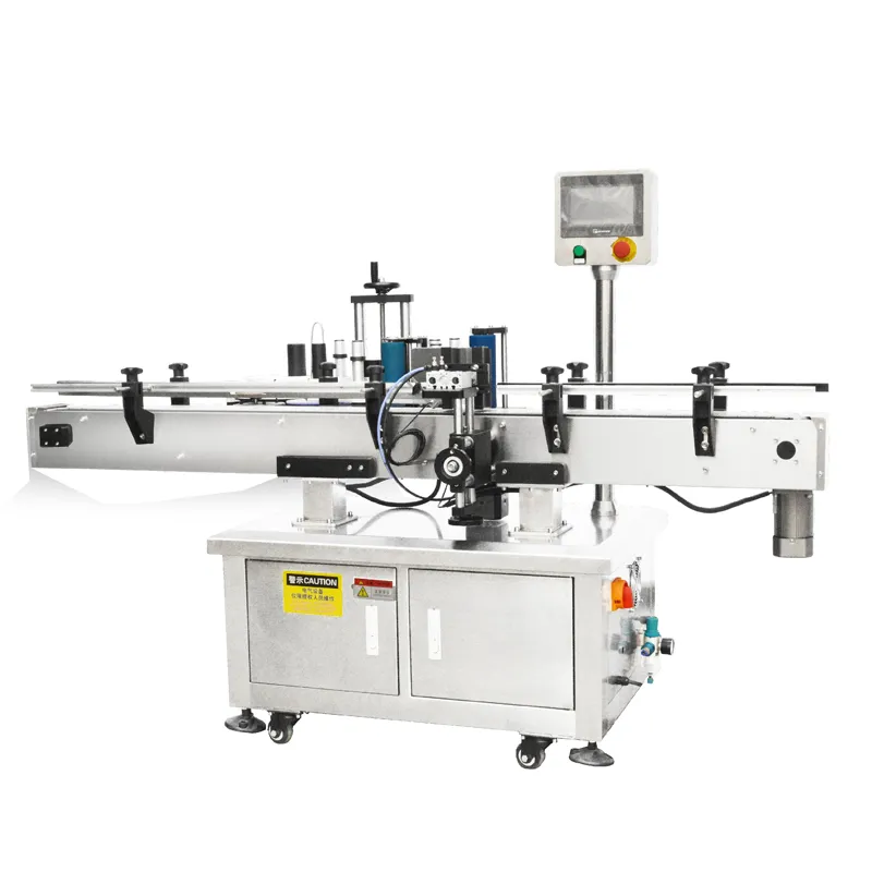 Macchina per etichettatura automatica di contenitori rotondi con sistema servo ad alta velocità per l'applicazione di etichette adesive con stampante per codici data pictures & photos