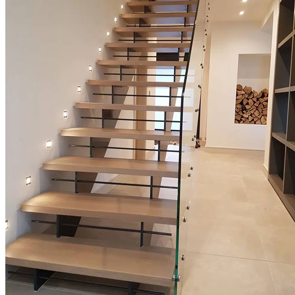Aangepaste moderne fancy ontwerp glazen leuning houten mono stringer zwevende open treden trap pictures & photos