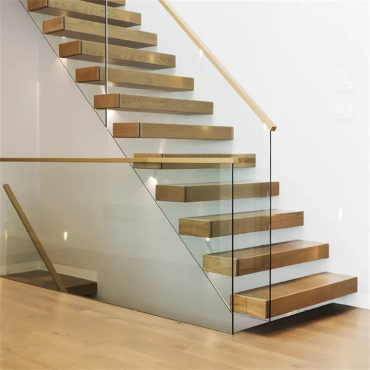 Aangepaste moderne fancy ontwerp glazen leuning houten mono stringer zwevende open treden trap pictures & photos