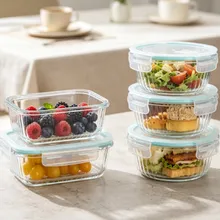 長方形と丸型のストライプガラス食品保存容器 5PCS セット