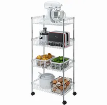 多機能 4-Layer 移動式 スタンドタイプ クローム キッチンラック 食品 野菜 果物 バスケット ストレージラック