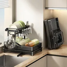 Scaffale da cucina in acciaio a doppio strato, scolapiatti, supporto per ciotole, porta asciugatura