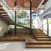 Aangepaste moderne fancy ontwerp glazen leuning houten mono stringer zwevende open treden trap