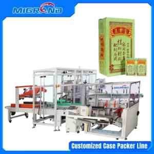 Automatic Box Commercial Packing Machine Line with Robots Stacking and Pallet Strapping Machine