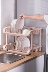 Kitchen Organizer 2-Layer Plastic Dish Rack Multi-Function Dish Storage Rack